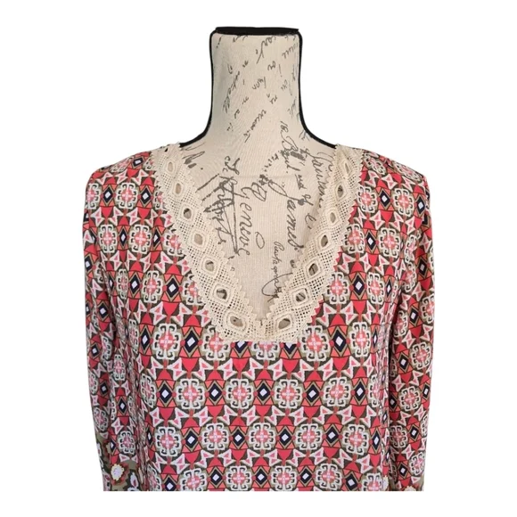 Halo Red Cream Multicolor Geometric Print Long Sleeve Boho Blouse M - Picture 2 of 8
